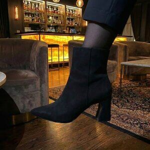 NWT X2B Gaia Black Suede Sock Booties | Pointed Toe Sculptural 3" Block Heel